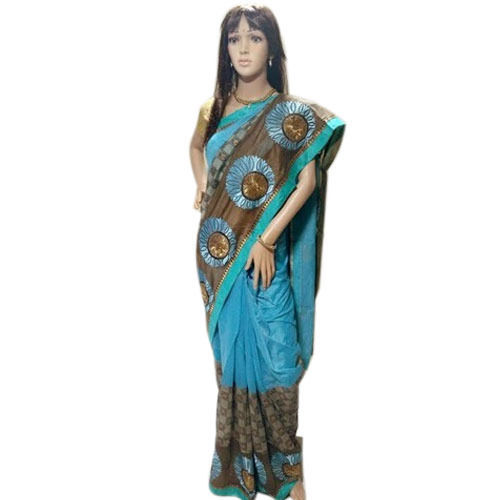 Casual Pure Cotton Sky Blue Block Printed Designer Saree For Ladies