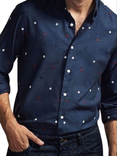 Full Sleeves Printed Collar Neck Mens Blue Party Wear Cotton Shirt Age Group: Above 20