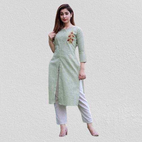 Compact Structure Ladies Stitched Knee Length 3/4Th Sleeves Embroidered Cotton Kurti