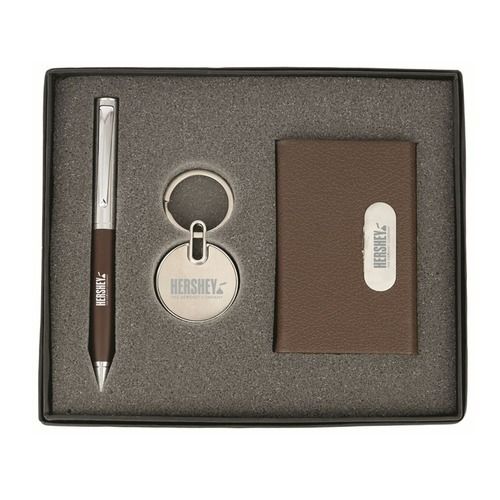 Set Of 3 Items Silver And Brown Wallet, Pen And Key Chain For Gifting Purpose 