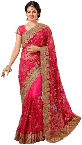 Red Unique Style Womens Net Saree With Blouse Piece For Casual And Party Wear