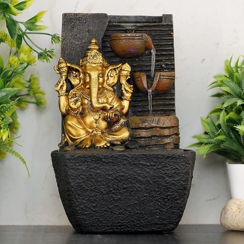 Black And Golden Poly Resin Table Top Indoor Waterfall Fountain With Led For Gifting Uses