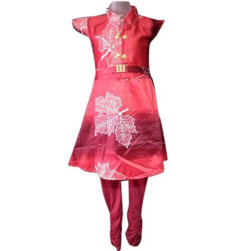 Comfortable Stylish Look Trendy Red Printed Collar Neck Half Sleeve Cotton Salwar Suit For Kids