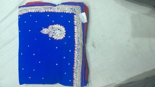 Plain Blue Cotton Hand Work Ladies Sarees For Casual Wear With Blouse Piece Set