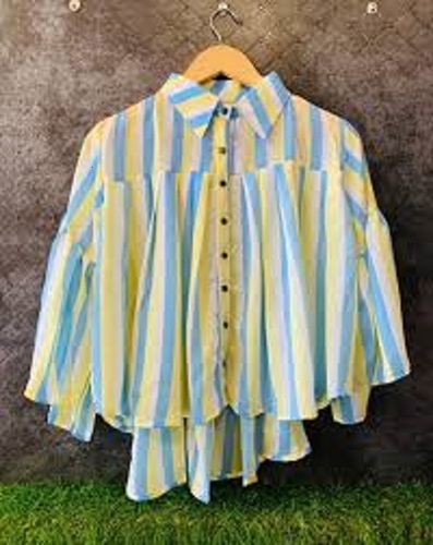 Chiffon Stylish And Trendy Blue Yellow Stripe Design Beautiful Collar Neck Western Top For Ladies