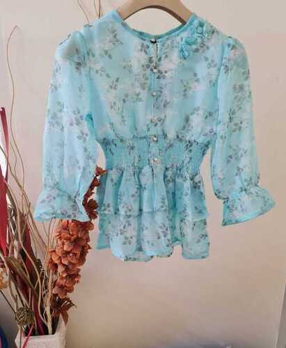 Sky Blue Printed Full Sleeve Stylish Cotton Fancy Tops For Girls