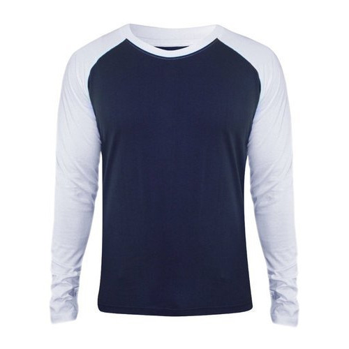 Full Sleeve Cotton Comfortable To Wear White With Blue Round Neck T Shirts For Men