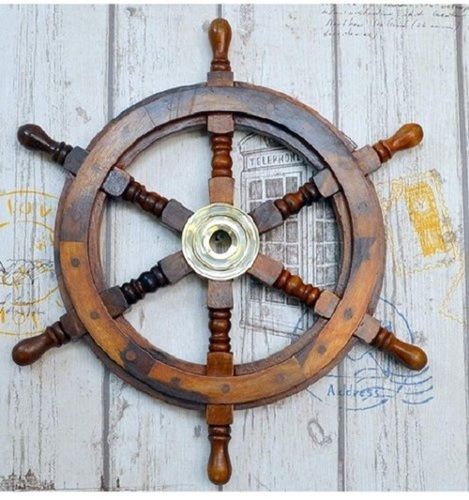 Brown High Quality And Durable Wood And Brass Wall Hanging Ship Wheel