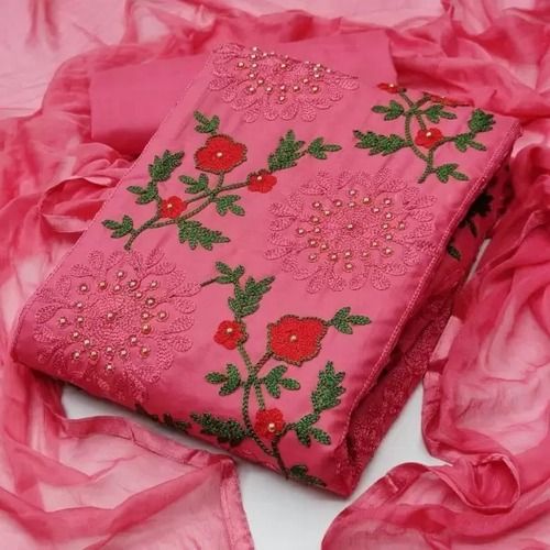 Pink Embroidered Cotton Unstitched Suit With Dupatta