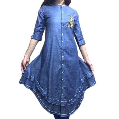 Quick Dry Blue Color 3-4 Sleeve Embroidery Designer Ladies Kurti For Casual And Regular Wear