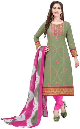 Skin Friendly Soft Comfortable Light Weight Green And Pink Printed Cotton Suit