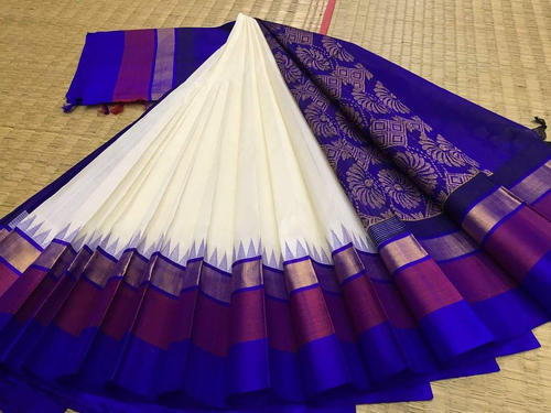 Blue And White Silk Cotton Ladies Sarees For Casual Wear With Blouse Piece Set