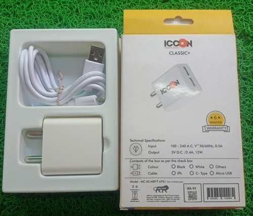 White Color Portable Classic Fast Charging Mobile Charger - Plastic & Rubber Body, Lightweight & Compact Design | 6 Month Warranty, Instant Charging for Phones & Tablets