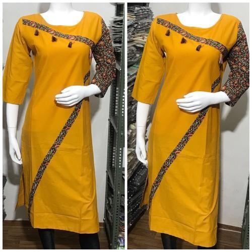 Quick Dry Yellow 3-4 Sleeve Cotton Ladies Kurti For Casual And Regular Wear