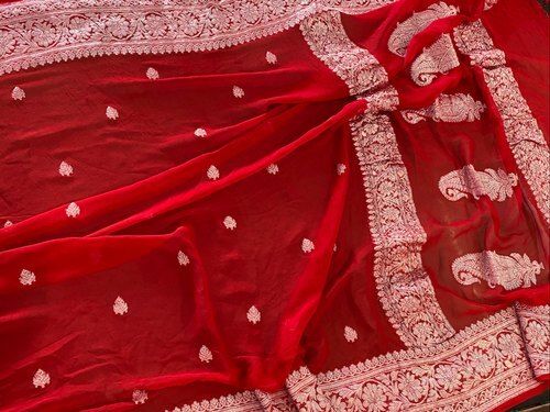 Cotton Silk Red Printed Party Wear Pure Chiffon Ladies Sarees For Casual Wear With Blouse Piece Set