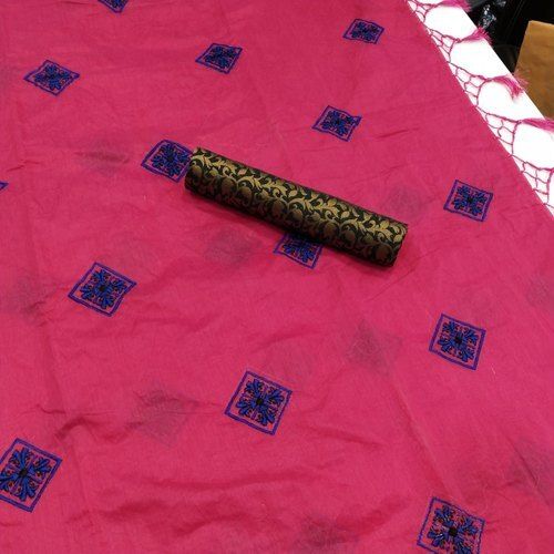 Plain Casual Wear Skin Friendly Breathable Stylish Pink Chanderi Cotton Saree For Ladies