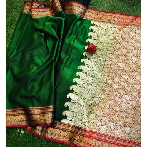 Summer Dark Green Plain Party Wear Banarasi Silk Saree With Blouse Piece Set