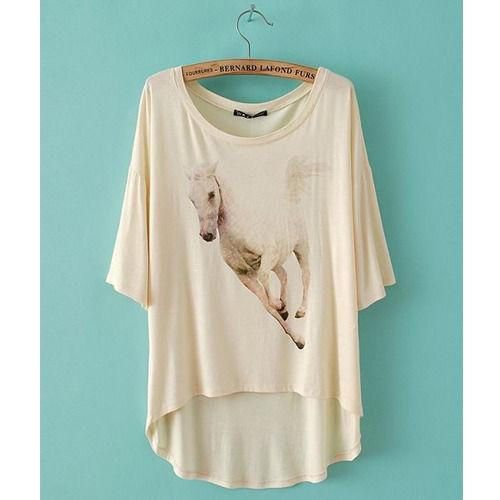 Cream Colour Round Neck Printed Casual Wear T Shirt For Ladies