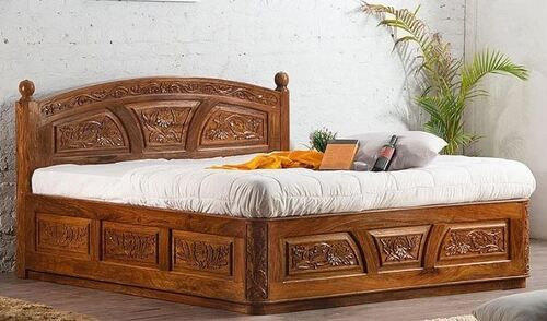 Light Brown Designer Wooden Bed Without Storage Cabinet For Bedrooms No Assembly Required