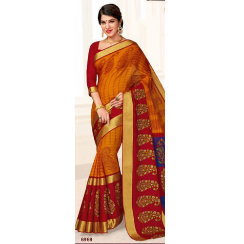 Orange Silk Fabric Descent Look Ladies Cotton Printed Saree 