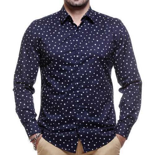 Stylish And Breathable Soft Cotton Blue Printed Full Sleeves Shirt For Mens Casual Wear