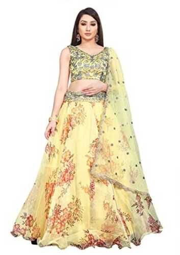 Women Sleeveless And V Neck Breathable Silk Semi Stitched Lehenga Choli