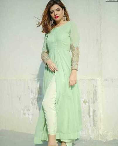 Washable Ladies Beautiful Stylish Stunning Look Light Green Designer Silk Kurti 