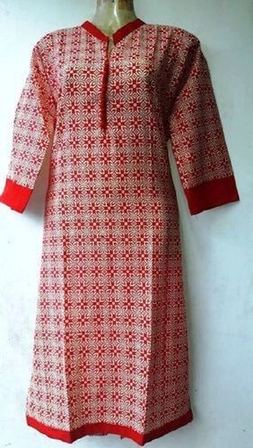 Washable Ladies Collar Neck 3/4 Sleeves Soft Cotton Skin Friendly Red Printed Kurti