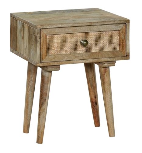 Portable Vintage Mango Wood Bedside Table With Cane Mesh For Home