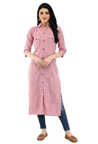 Pink Women Casual Wear Lightweight 3/4 Sleeves Collar Neck Printed Cotton Kurti