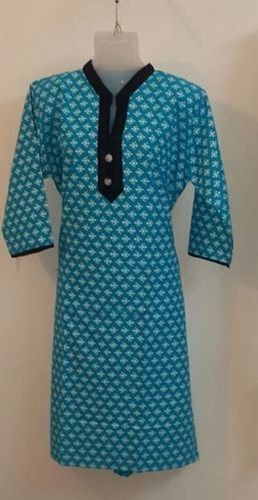 Women Pure Cotton V Neck 3/4 Sleeves Comfortable Blue Color Printed Kurti