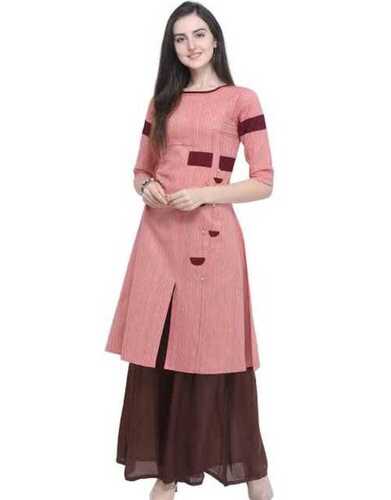 Washable Women Casual Wear 3/4 Sleeves Round Neck Pink And Brown Straight Cut Kurti