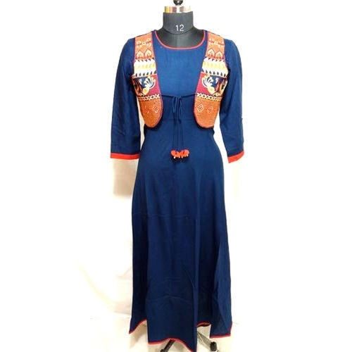 No Fade Soft And Comfortable Ladies 3-4Th Sleeves Blue Jacket Type Ladies Kurti For Casual And Regular Wear