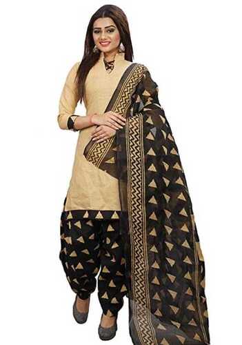 Women'S Casual Wear Collar Neck 3/4 Sleeves Cotton Golden And Black Unstitched Salwar Suit Decoration Material: Cloths