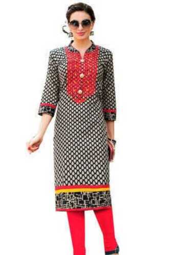 Multi Color Women Casual Wear Lightweight Collar Neck 3/4 Sleeves Multicolor Straight Kurti