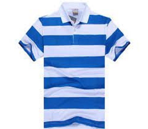 Comfortable Polo Neck Half Sleeves Blue And White Cotton Men T Shirt For Casual Wear