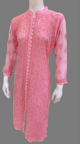 Embroidered Pink Full Sleeve Chiffon Cotton Kurti For Ladies 