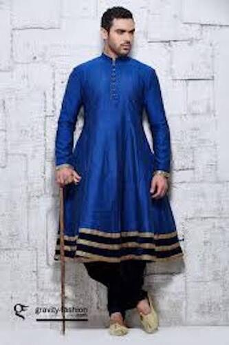 Men Full Sleeves Stylish Party Wear Breathable Plain Silk Sky Blue Sherwani 
