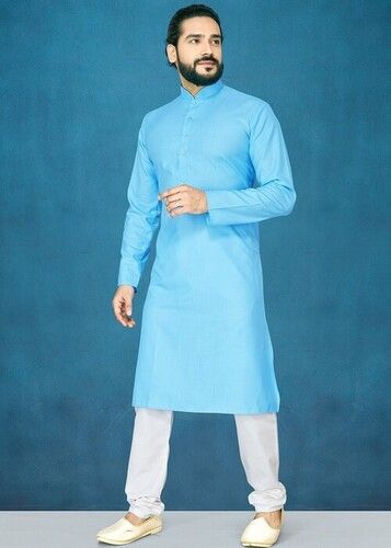 Dry Cleaning Men Full Sleeves Traditional Look Stylish Breathable Plain Cotton Blue Kurta 