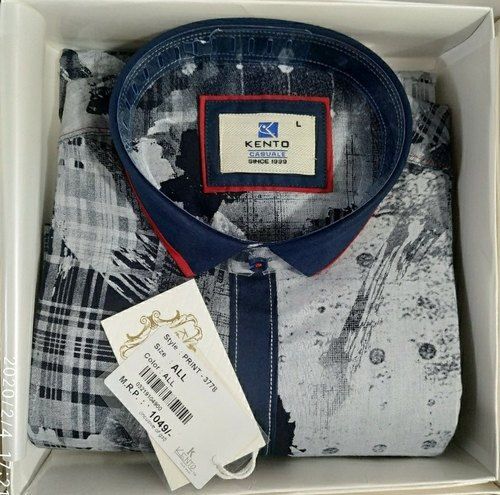 Mens Skin Friendly Elegant Look Full Sleeves Printed Cotton Blue Shirt For Daily Wear Age Group: All Sizes