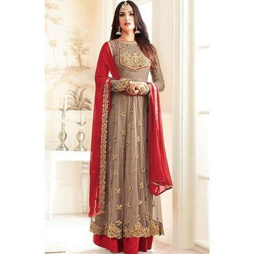 Indian Women Full Sleeves Party Wear Printed Embroidered Work Red And Brown Anarkali Suit 