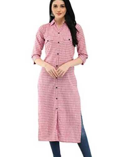 Chiffon Women Casual Wear 3/4 Sleeves Collar Neck Checkered Pink Straight Kurti