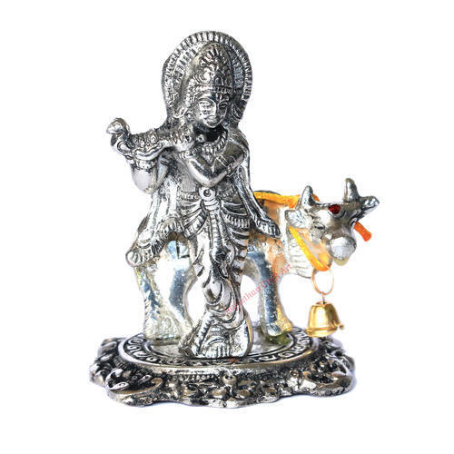 Wonderful And Light Weight Silver Metal Krishna Cow Idol Statue For Home Decor And Corporate Gift