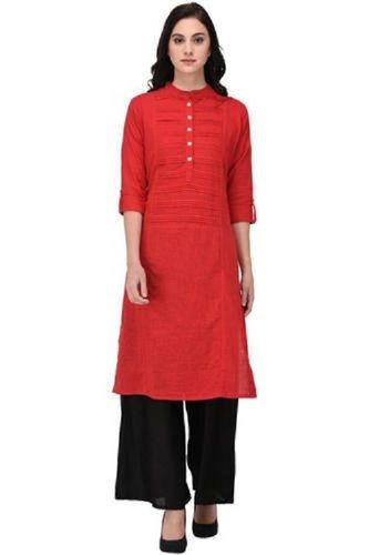 Breathable Stylish Stunning Look 3/4th Sleeve Pure Cotton Plain Red Ladies Kurtis