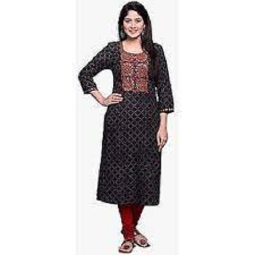 Women Fashionable Breathable And Comfortable With 3/4 Sleeve Cotton Black Printed Straight Kurti Decoration Material: Beads