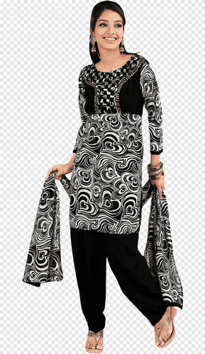 Ladies Printed Round Neck Suit Salwar - Color: White And Black