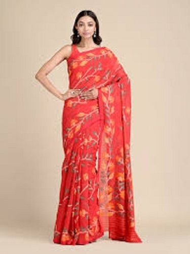 Printed Women 100 Percent Pure Cotton Light Weight Fashionable Red Silk Saree For Party Wear