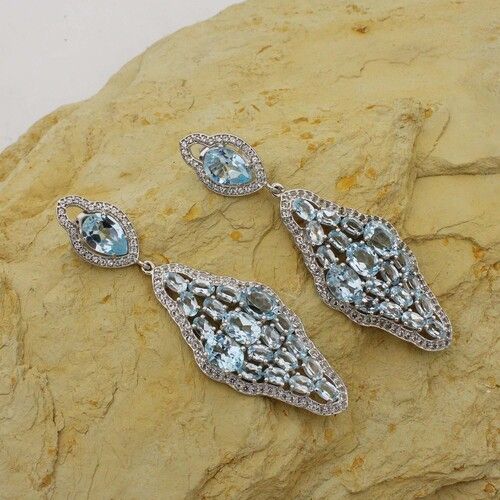 925 Sterling Silver Blue Topaz Designer Long Danglers Gender: Women