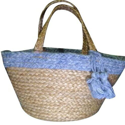 Cream Eco Friendly Short Handle Plain Blue Border Jute Handbag