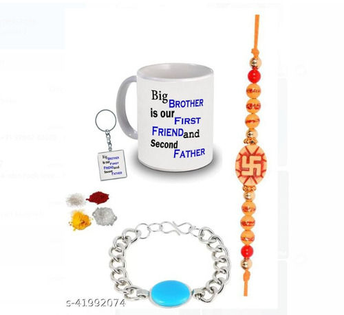 Printed White Round Milk Mug With Rakhi And Bracelet For Gift Purpose